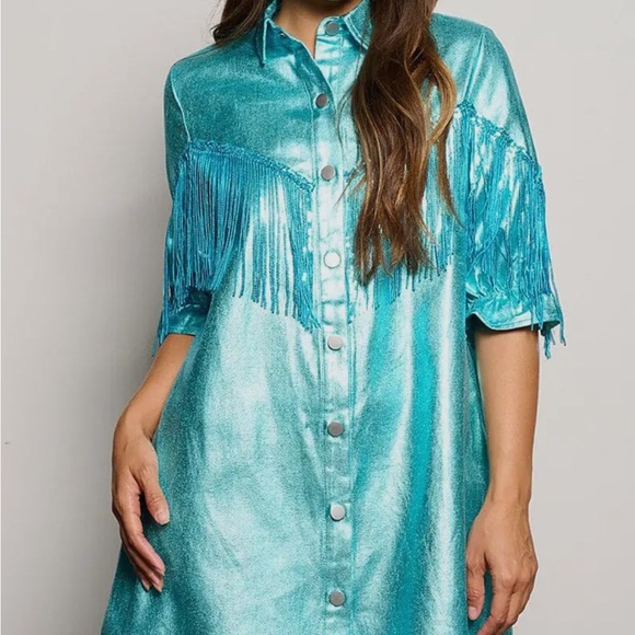 Dresses & Skirts - Metallic Turquoise Fringe Dress